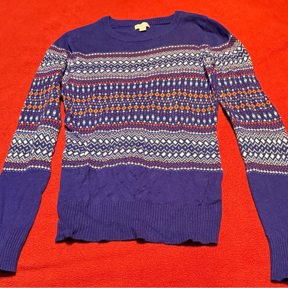 Merona Women's Sweater in blue with Orange and White Patterns